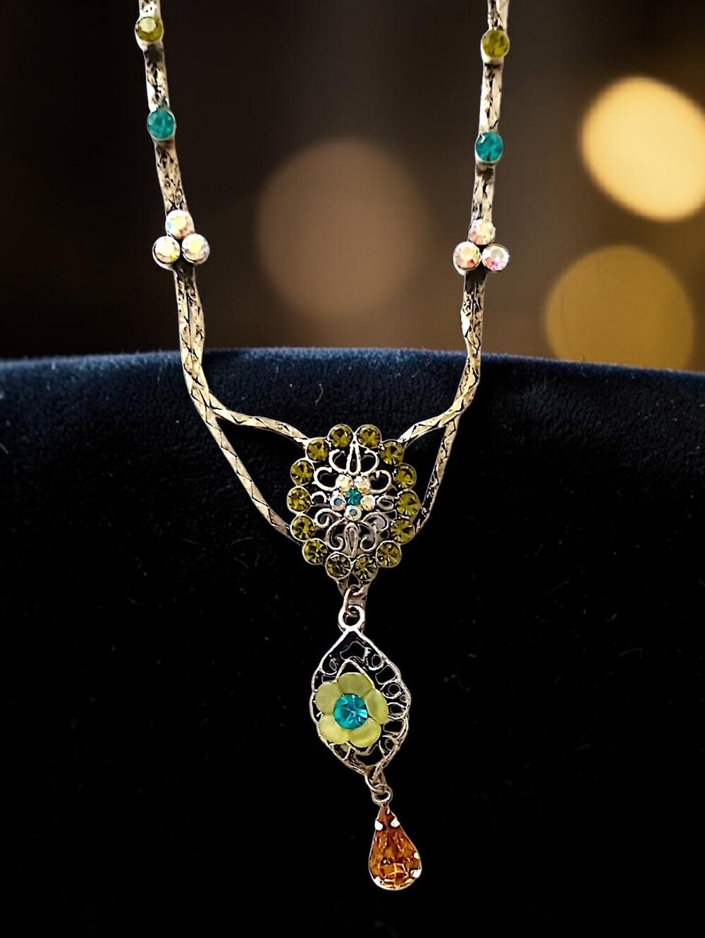 Ornate Vintage Style Necklace Victorian Inspired Floral Filigree Crystal Stonesn